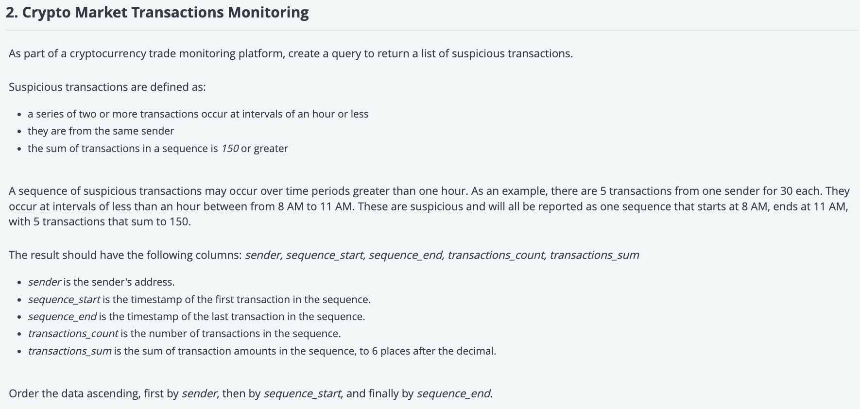 transaction monitoring challenge desctiption
